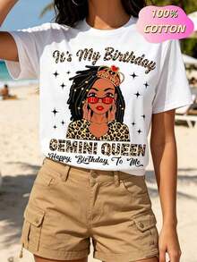 Camiseta Moderna para Mujer, Tops Casuales de Manga Corta para Mujer, Camiseta con Estampado 'Es Mi Cumpleaños, Reina Géminis, Cabello Rizado', Tops de Primavera y Verano para Mujer, Ropa de Mujer, Tops de Algodón, Ropa de Verano, Camiseta de Algodón, Top de Manga Corta con Cuello Redondo para Todas las Temporadas, Camiseta Casual de Manga Corta y Cuello Redondo para Primavera y Verano, Ropa Casual para Mujer - Blanco - Ver 4