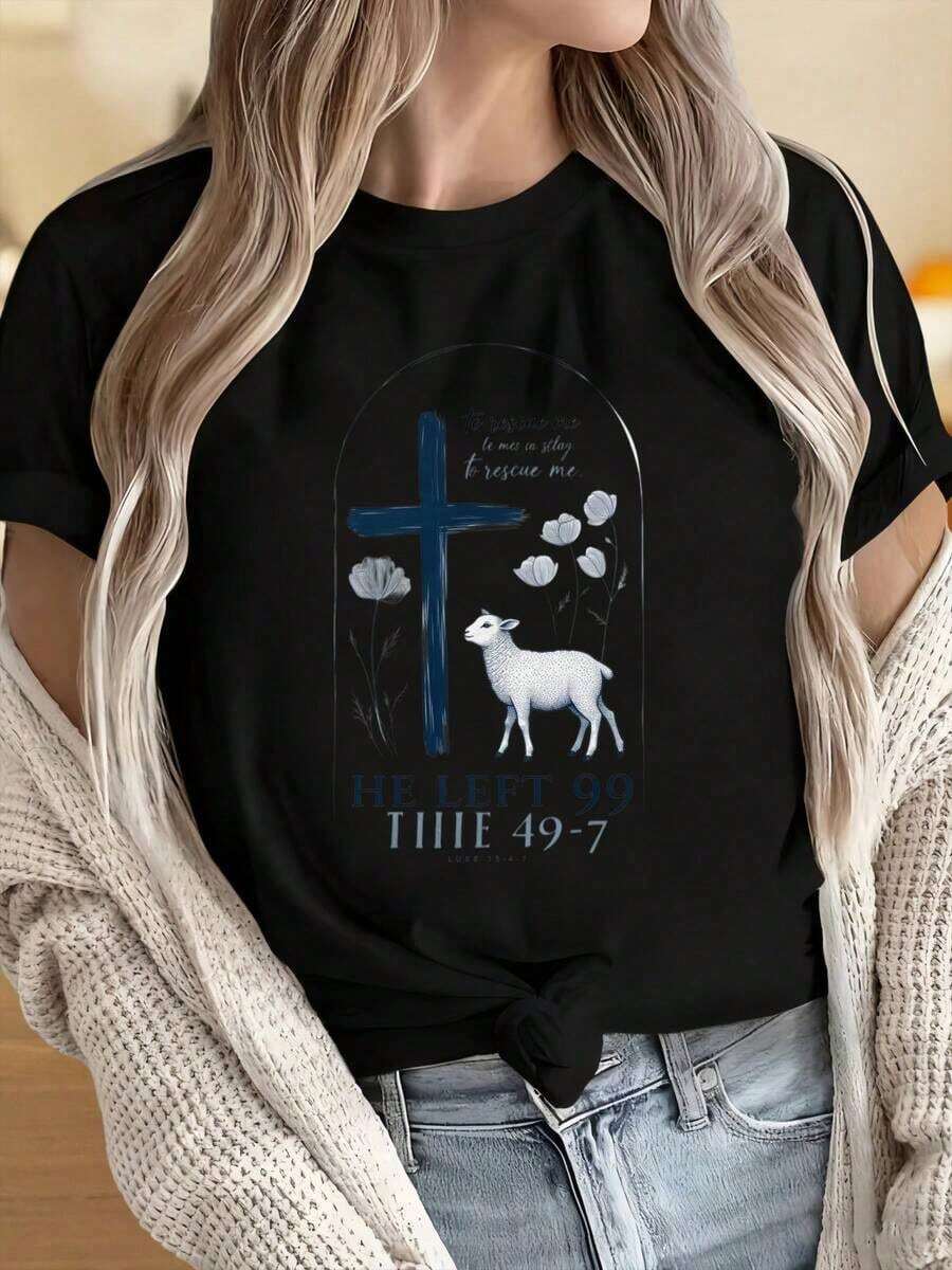 Camisetas para Mujer y Hombre con Cuello Redondo y Mangas Cortas. Camiseta con Cruz Cristiana y Cordero, con el Versículo Bíblico Isaías 53:6, que dice que Él fue herido por nuestras transgresiones. Estampados divertidos son adecuados para fiestas de Navidad, actividades deportivas, fiestas de vacaciones, salidas, deportes y otros regalos navideños. - Negro - Ver 1
