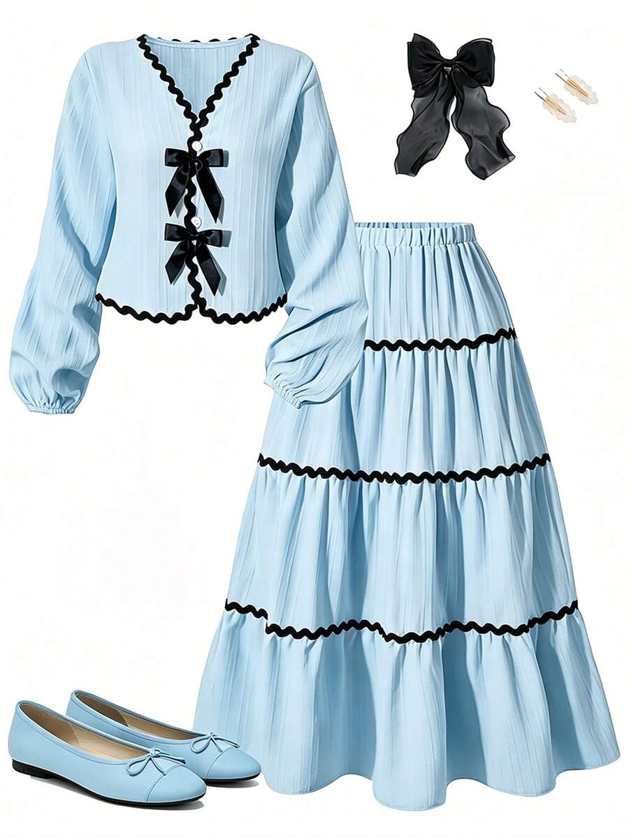 Elegant Sweet Girls' Mid-Length Dress Set, Long Sleeve Top With Ruffle Bow, Paired With Multi-Layered Mid-Length Skirt. This Fashionable Casual Outfit Is Suitable For School, Gatherings, Vacation And Travel In Spring And Autumn. - Baby Blue - View 1