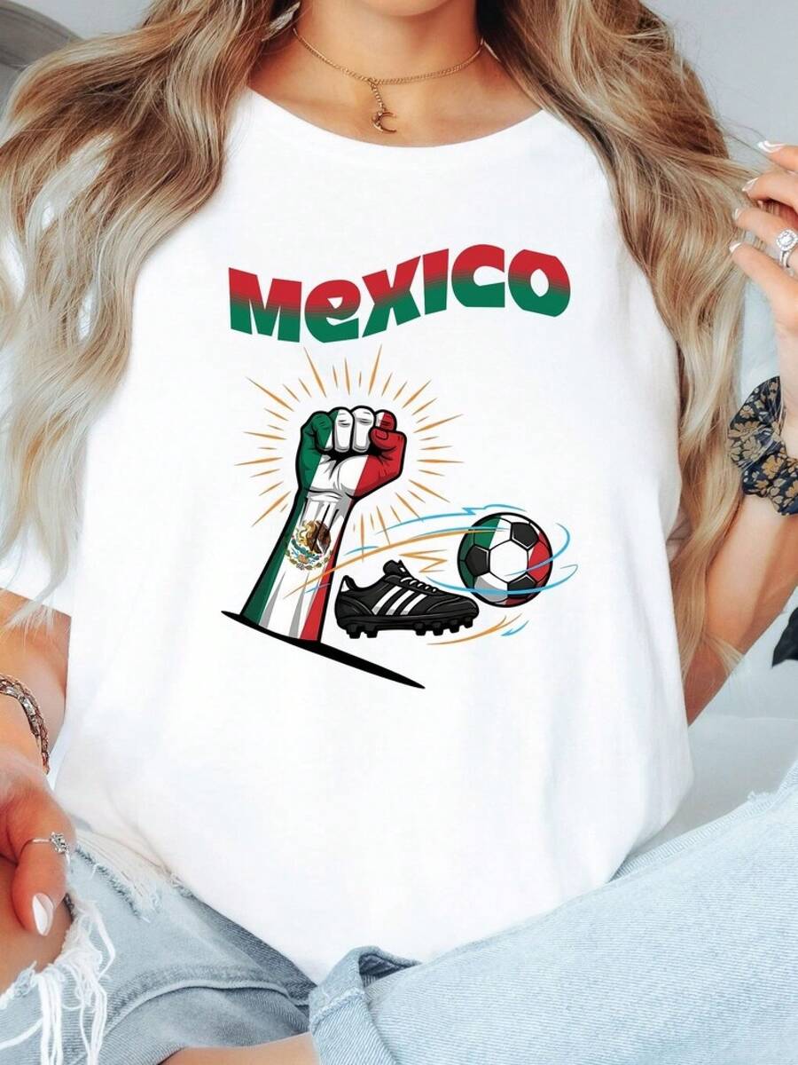 Camiseta con Gráfico de Fútbol de México | Colores de la Bandera Mexicana, Diseño de Fútbol - Negro - Ver 1