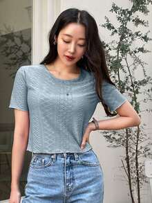 Camiseta de cuello redondo sólido con bordado de ojales, estilo preppy - Azul - Ver 4