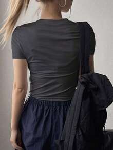 Camiseta de mujer con estampado de estrella de manga corta estilo Y2K - Gris Oscuro - Ver 2