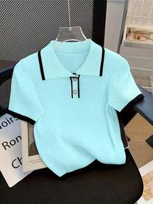 Blusa de punto de manga corta con cuello de contraste de color, adecuada para verano, primavera, otoño e invierno, elegante blusa de dama para playa y resort - Azul - Ver 5