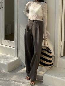 Pantalones rectos plisados de unicolor para mujer, pantalones de vestir casuales de otoño - Gris 4 - Ver 5