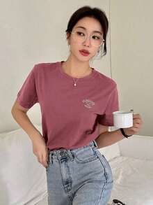 Camiseta De Manga Corta Con Letras Impresas - Rosa Roja - Ver 3