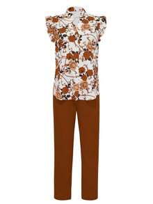 Clasi Women's Floral Print Flutter Sleeve Button-Up Shirt And Pants Elegant 2 Pieces Set (Belt Is Decorative) - Rỉ Nâu - Xem 4
