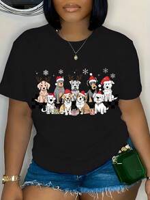 Playera gráfica de Navidad alegre de talla grande para perros - Cuello redondo casual, manga corta para mujeres - Mezcla de poliéster suave - Lavable a máquina - Negro - Ver 1