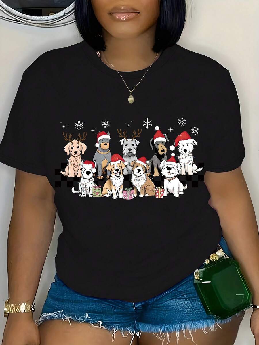 Playera gráfica de Navidad alegre de talla grande para perros - Cuello redondo casual, manga corta para mujeres - Mezcla de poliéster suave - Lavable a máquina - Negro - Ver 1