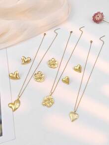 Minimalist Heart Stainless Steel Jewelry Set For Women Necklace & Earrings Set For Daily Work Date Vacation, Valentine's Christmas Gift - Gold - View 4