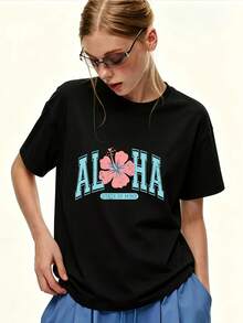 Camiseta de talla para mujer de 180 g con estampado de patrón Aloha, manga corta, corte holgado informal, para vacaciones de verano en la playa, regalo para el Día de la Madre, reuniones familiares y actividades de building de la empresa - Camiseta unisex de algodón holgada de manga corta y cuello redondo estilo vintage urbano. - Negro - Ver 7