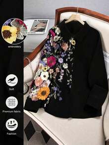 Camisa casual con botones, de manga larga, elegante y con bordados, en colores contrastantes, adecuada para citas y el Día de San Valentín, talla grande - Negro - Ver 9