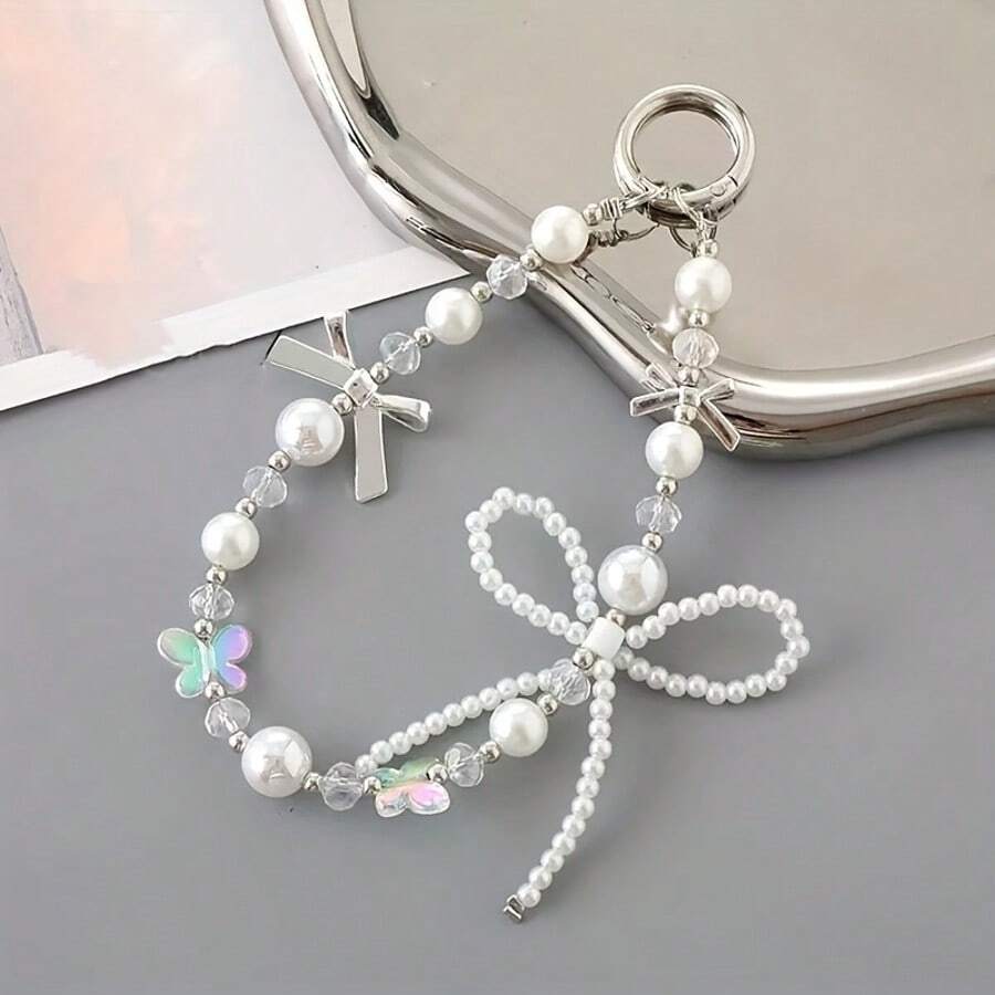 New Versatile High-End Pearl Flower Bow Beaded Bag/Phone Chain Pendant Accessory - White - View 1