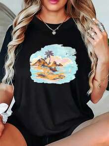 Camiseta de Mujer con Estampado de Isla Tropical - Diseño de playa en tonos turquesa brillante y coral con palmeras y veleros - Camiseta casual de verano de manga corta y cuello redondo suave - Lavable aáquina para vacaciones todo el año y uso diario - Camiseta de moda para mujer - Camiseta unisex de algodón suelto de manga corta y cuello redondo estilo vintage urbano. - Negro - Ver 7