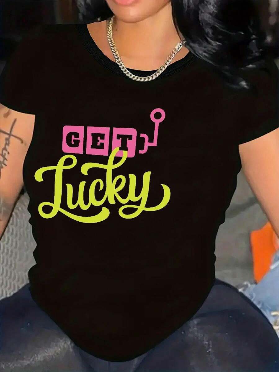 Camiseta de talla para mujer con estampado GET LUY - diseño multicolor brillante sobre negro, top casual de manga corta y cuello redondo, ligera y lavable aáquina, adecuada para primavera y verano, ropa casual para primavera. | Estilo casual a | Camiseta de talla con textura - Estilo urbano vintage, unisex, de algodón, manga corta, cuello redondo. - Negro - Ver 1