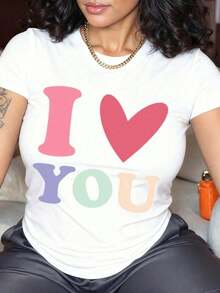 Camiseta Casual de Mujer con Cuello Redondo, Estampado Divertido de Corazón con la Frase "I Love You", 100% Algodón, Ideal para Regalo en una Cita Romántica. - Blanco - Ver 6