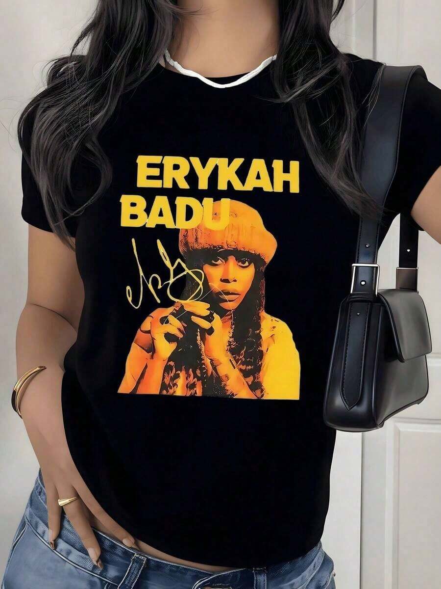 Vintage Music Artist Graphic Print T-Shirt, 180g, 1 Piece, Retro Portrait, Women's Casual T-Shirt 100% Cotton, Streetwear Style - 黑色 - 查看 1