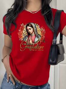 T-Shirt With Floral Print Of The Virgin Mary, 180g, 1 Piece, Religious Art, Casual T-Shirt For Women, 100% Cotton, Spiritual Vintage Style - 紅色 - 查看 9