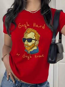 Van Gogh Inspired Graphic Print T-Shirt, 180g, 1 Piece, Funny Artistic Phrase, Women's Casual T-Shirt, 100% Cotton, Vintage Streetwear Style - 紅色 - 查看 9