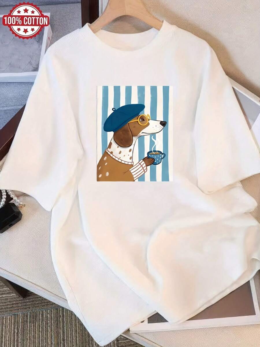 Camiseta de Verano Moderna de Algodón, Holgada, de Cuello Redondo, Versátil, Cómoda, Casual, para Mujer, Juvenil, a la Moda, de Manga Corta para Uso Diario - Blanco - Ver 1