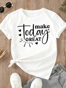 Camiseta Casual para Mujer con Estampado Motivacional "Haz que el Hoy sea Genial" para Uso Diario y Salidas - Blanco - Ver 2