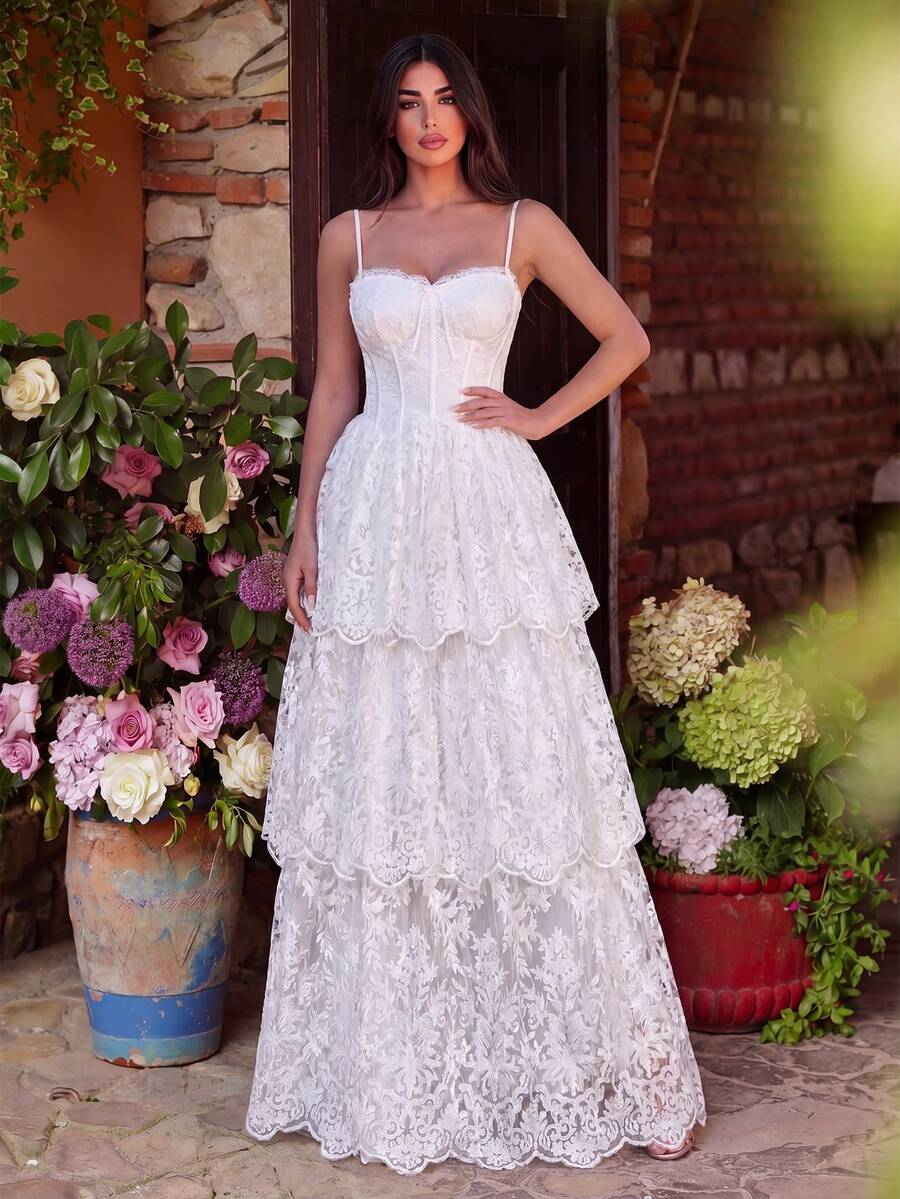 Faeriesty Đầm slip ren màu trơn thanh lịch dự tiệc, du lịch