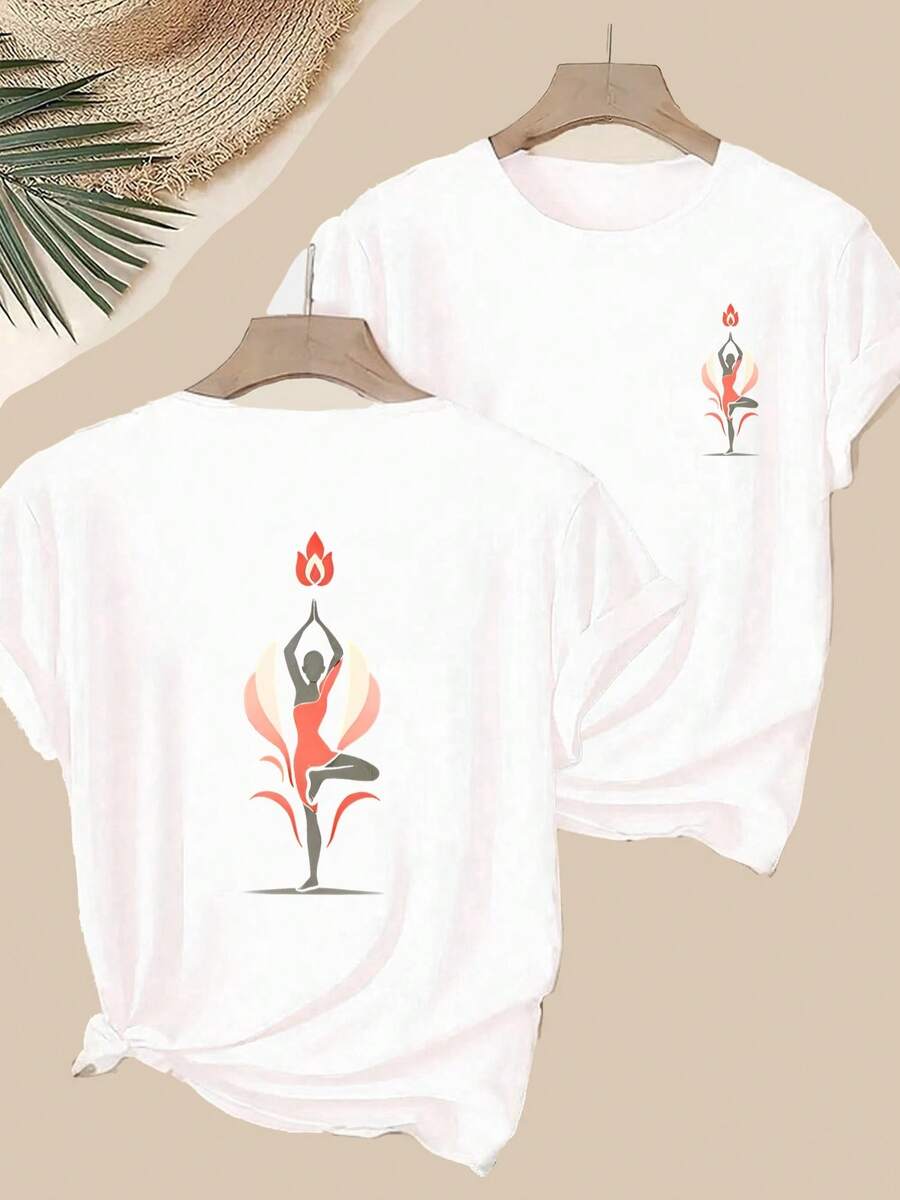 Women's Short Sleeve Sports T-Shirt 2026 - Harmony And Balance Design Print T-Shirt With Yoga Tree Flame Pattern, Easy To Match, Comfortable And Casual, Round Neck, Pure Cotton, Suitable For All Seasons, Available In Multiple Colors, Perfect For Family Gatherings, Holiday Gifts And Daily Outings To Show Your Warmth And Charm. - 白色 - 查看 1
