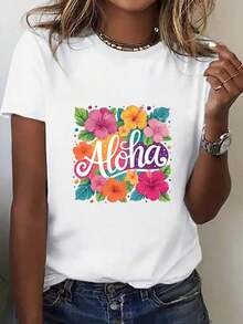 Comfortable Lightweight Printed T-Shirts: An Interesting Short-Sleeved T-Shirt With A Floral Print Inspired By Hawaiian Culture. It's A Modern And Casual Women's T-Shirt With A Stylish And Unique Design, Comfortable And Suitable As A Gift. This Comfortable And Breathable T-Shirt Is 100% Cotton And Is A Popular Choice. Fashionable All-Match Women's Short Sleeve T-Shirt, Basic Style For Inner & Outer Wear - 白色的 - 查看 7
