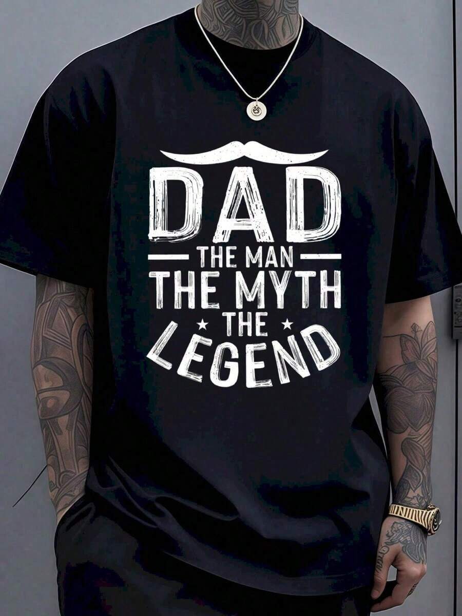 Camiseta 'Papá: El Hombre, El Mito, La Leyenda' para Hombre, Regalo para el Día del Padre, Camiseta de Algodón Negra con Diseño de Bigote - Negro - Ver 1