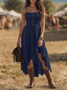 Vestido de mujer de longitud media con cintura ceñida, estilo bohemio casual de vacaciones, parte delantera corta y parte trasera larga - Verde militar - Ver 6