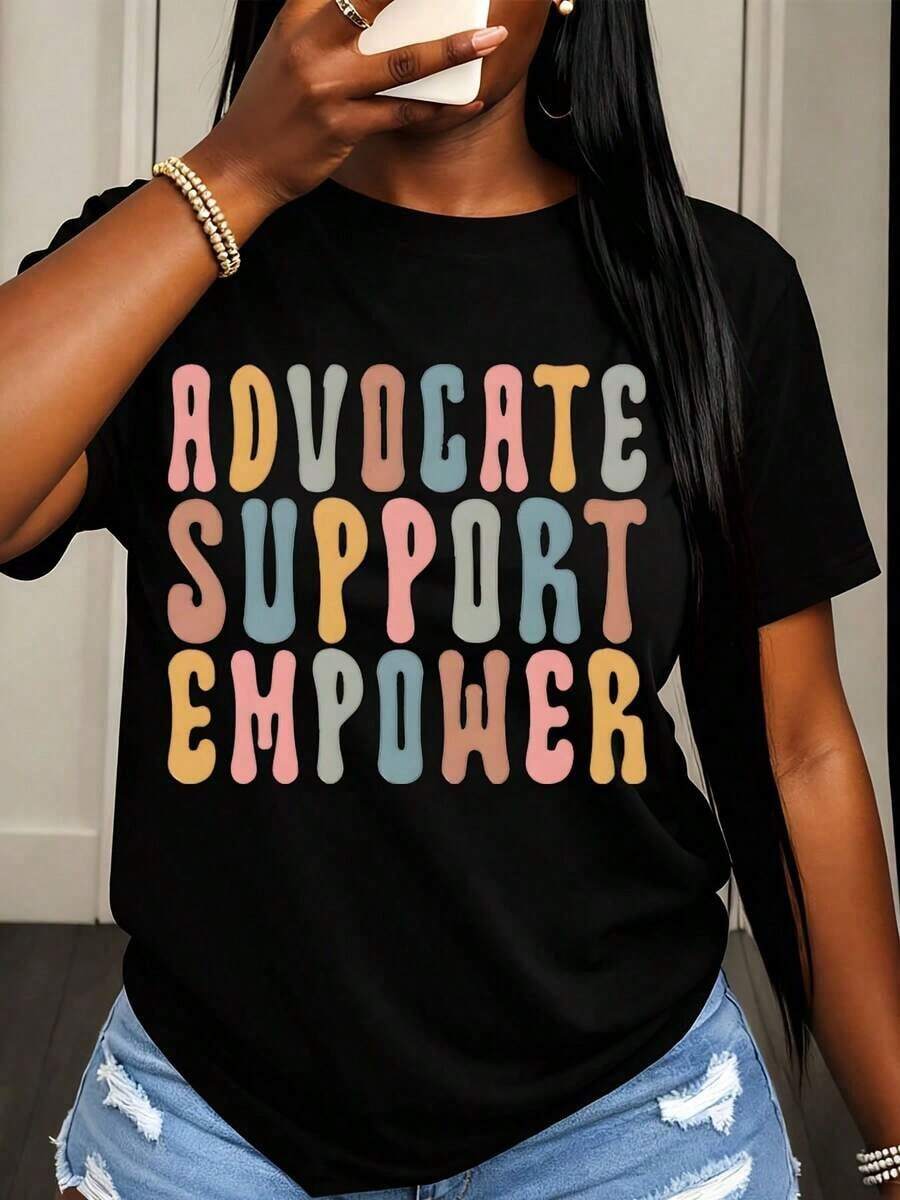 Camiseta Casual para Mujer con Estampado de Texto Colorido que Promueve el Apoyo y el Empoderamiento, Ideal para Uso Diario y Eventos de Activismo - Negro - Ver 1