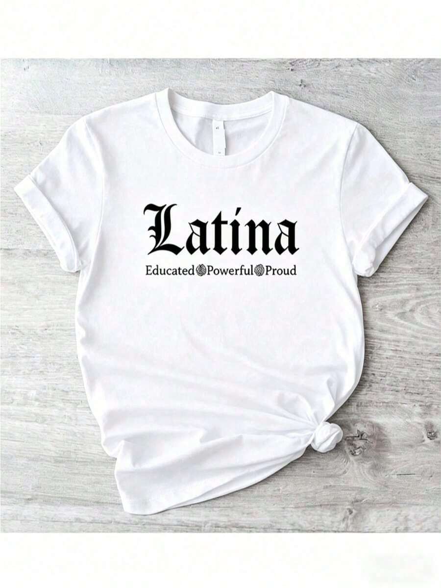 Camiseta de Orgullo Latino para Mujer - Camiseta Gráfica con Estampado de Herencia Latinoamericana, Potente y Orgullosa, Camiseta Empoderadora con Letras, Cuello Redondo Casual Cómodo de Manga Corta, Ropa Casual Transpirable, Regalo de Ropa Latina y Hispánica para Mujer. Camiseta de Manga Corta para Mujer, Camiseta Oversize con Estampado de Trébol Verde para el Día de San Patricio para Mujer, Regalo de San Valentín, Camiseta Casual, blusa casual mujer, playeras de mujer algodón. - Blanco - Ver 1