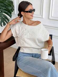 Blusa de punto con hombros asimétricos, aplicación de flor y manga corta para mujer, unicolor, elegante y casual para vacaciones.Blusa de punto hecha a mano con estampado floral, de punto, casual, para primavera, se puede usar fuera/dentro, para - Albaricoque - Ver 7