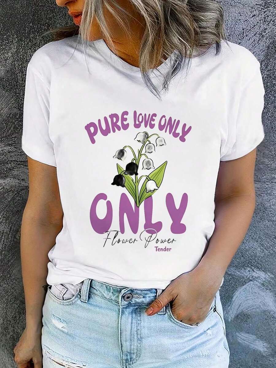 Women's Printed Short-Sleeved T-Shirt With Round Neck, Modern And Casual, Machine Washable, Comfortable Fit, 2D Flat Print, Casual 2D Blouses For Women. - 白色_06 - 查看 1