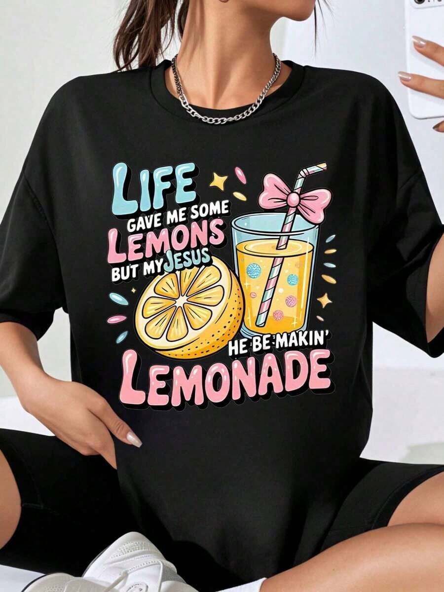 La vida me dio algunos limones, pero mi Jesús está haciendo limonada. Camiseta para mujer, linda, con gráfico de humor cristiano, top casual de verano. Playera holgada para mujer. - Negro - Ver 1