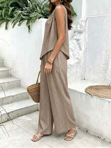 Conjunto de 2 piezas para mujer con top de tirantes con diseño de torsión elegante y pantalones anchos de pierna ancha - Marrón - Ver 5