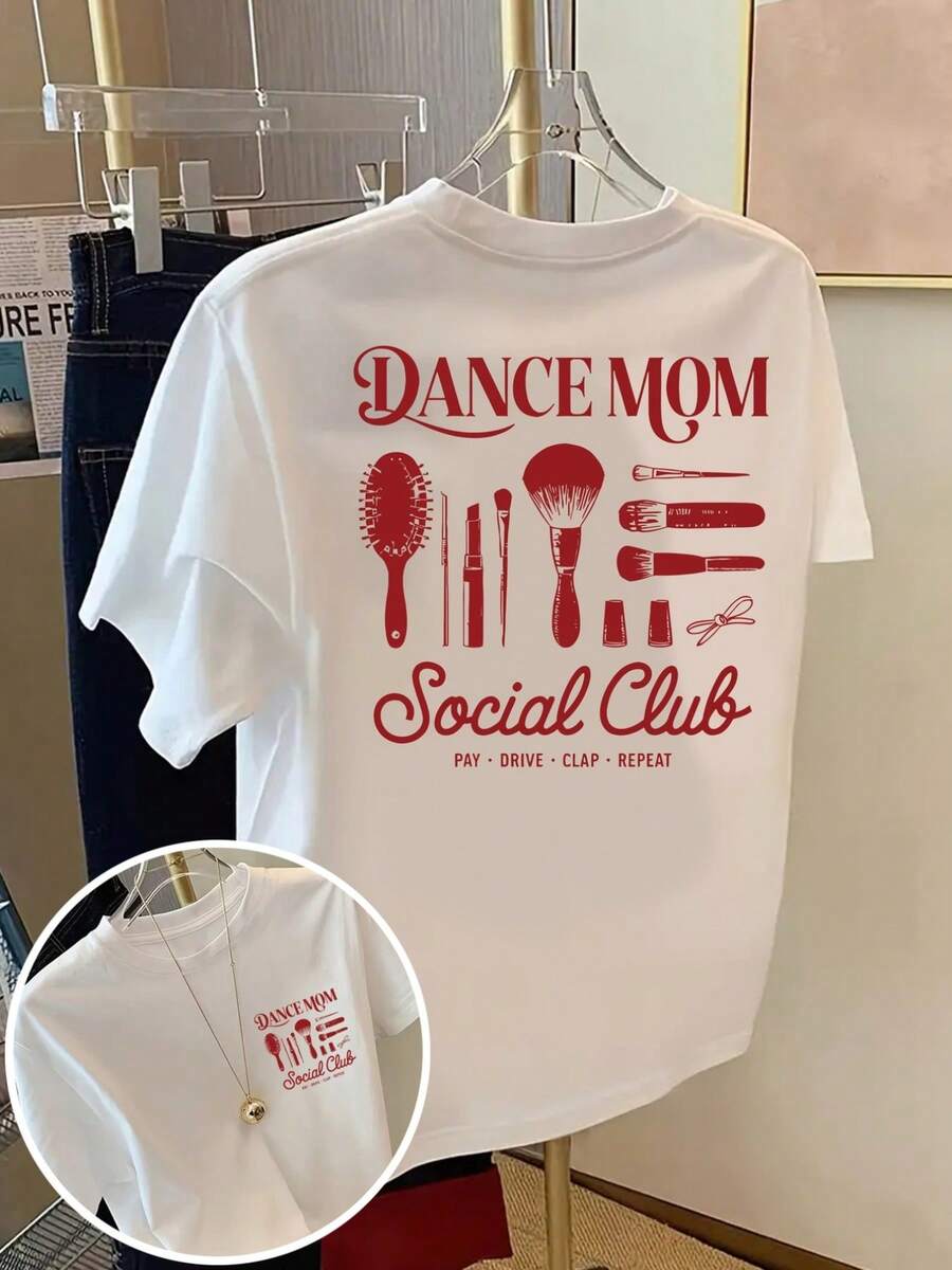 Camiseta de manga corta con estampado frontal y trasero - Dan Mom, estampado de moda de club social - camiseta de mujer con estampado de moda para primavera/verano, artículo de moda, adecuada para citas de fin de semana, cenas y viajes. Camisa elegante adecuada para fiestas. - Blanco - Ver 1