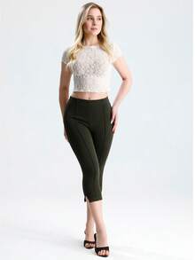 RoseArya High Waist Slim Fit Slit Capri Leggings - Dark Green - View 2