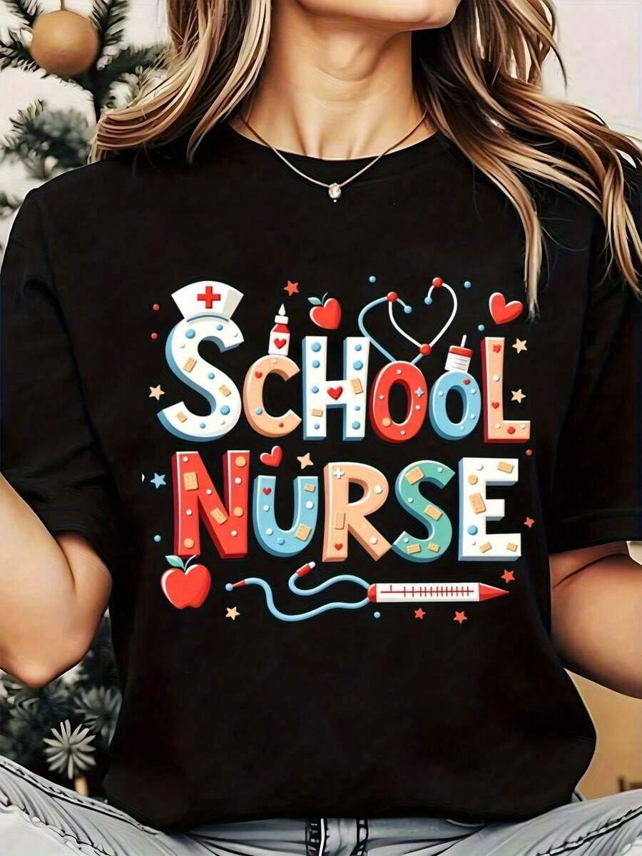 Camiseta de Mujer con Estampado de Enfermera Escolar y Símbolos Médicos y Letras Coloridas, Cuello Redondo, Uso Diario Casual, Tela Suave y Cómoda, Estilo Vacacional, 220g, Playera Holgada para Mujer - Negro - Ver 1