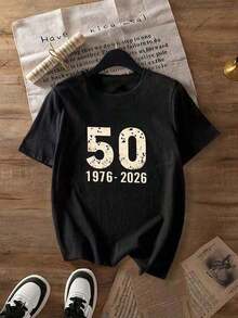 1 pieza para uso diario de mujer. Este es un artículo conmemorativo preparado para celebrar el 50º cumpleaños de alguien nacido en 1976, que cumplirá 50 años en 2026. Camiseta de manga corta con cuello redondo, casual, para primavera/verano/otoño, talla grande, para el Día de San Valentín/vuelta al cole, conjuntos de verano, ropa de verano, conjuntos para vacaciones de verano, blusas de verano para mujer, 210g, 100% algodón, los diseños están impresos. Unisexo. - Negro - Ver 2