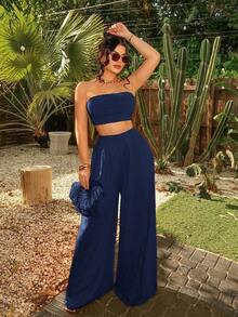 Conjunto de pantalones anchos y acampanados con pliegues y sin tirantes, de moda para mujeres, ideal para vacaciones de verano, vacaciones, playa y estilo bohemio sexy - Azul marino - Ver 6