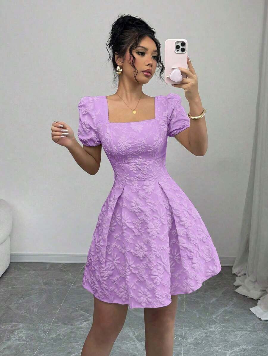 Vestido de mujer de manga abullonada y cuello cuadrado, de moda para el verano - Morado - Ver 1