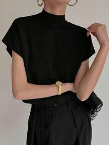 Blusa de punto casual de cuello redondo y manga corta para mujer - Negro - Ver 6