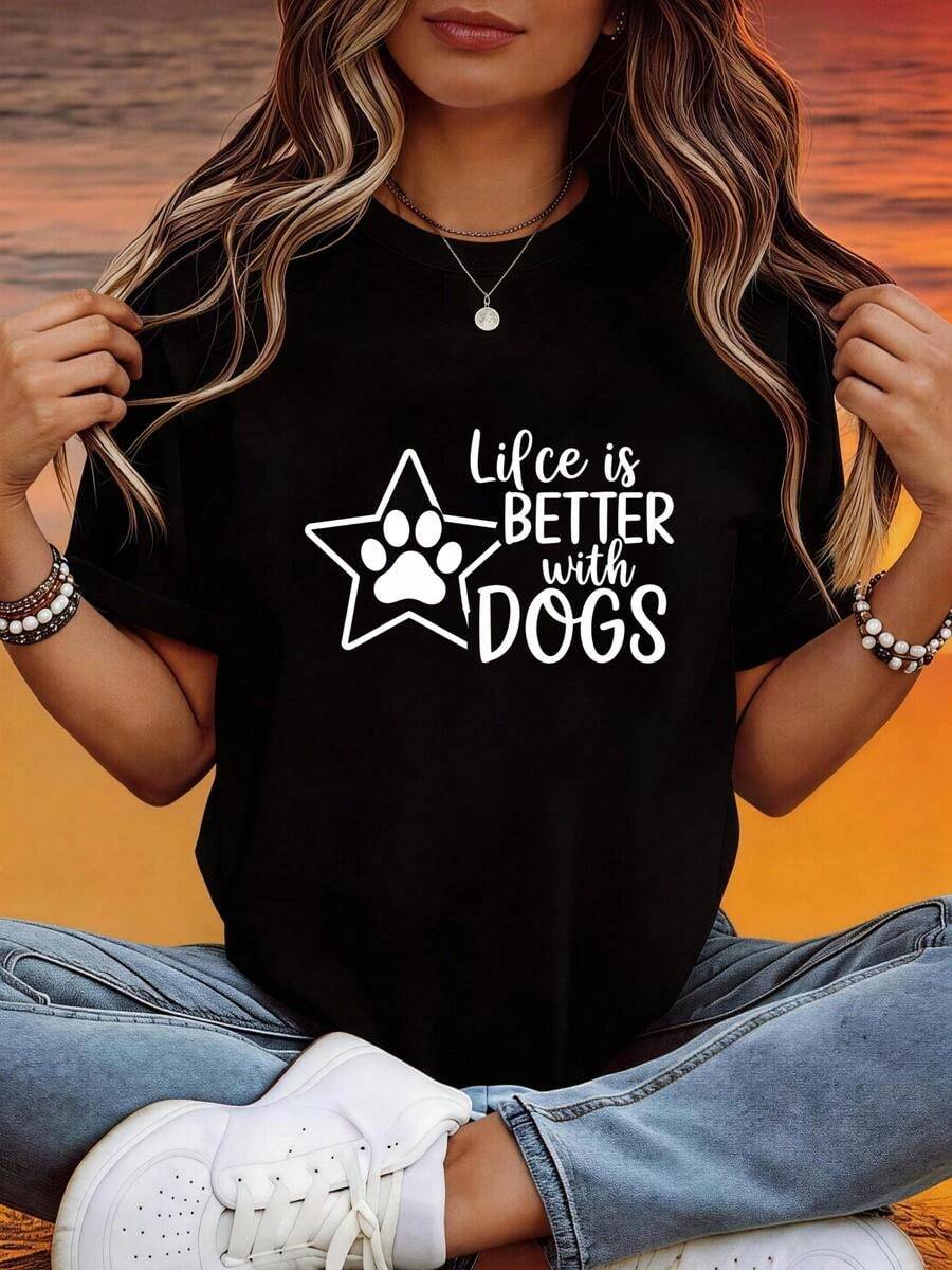 1 pieza de Playera corta 100% algodón, cuello redondo casual con estampado, Los días con perro son más hermosos, manga corta transpirable para uso diario - Negro - Ver 1