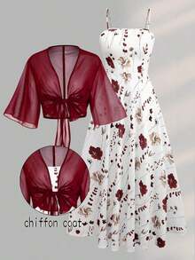 Conjunto de 2 piezas de vestido de gasa con estampado floral diminuto y chaqueta, elegante atuendo de moda para citas, vacaciones y uso casual en primavera - Burdeos - Ver 4