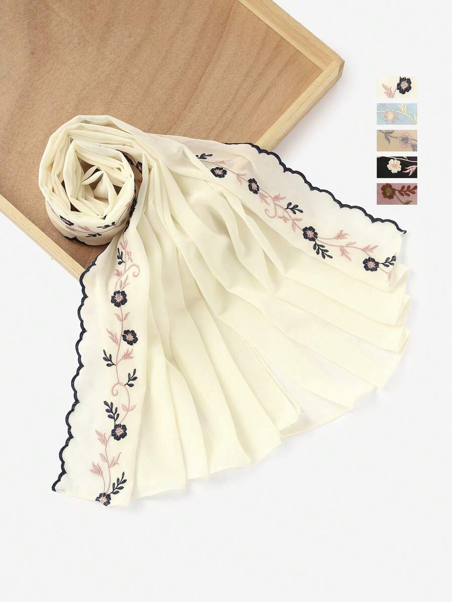 1pc Women's Fashion Embroidered Chiffon Headscarf, Soft Breathable Versatile Scarf, Muslim Sun Protection Hijab Headwrap, Suitable For Daily Wear, Gatherings, Travel, Photography And More - Multicolor - View 1