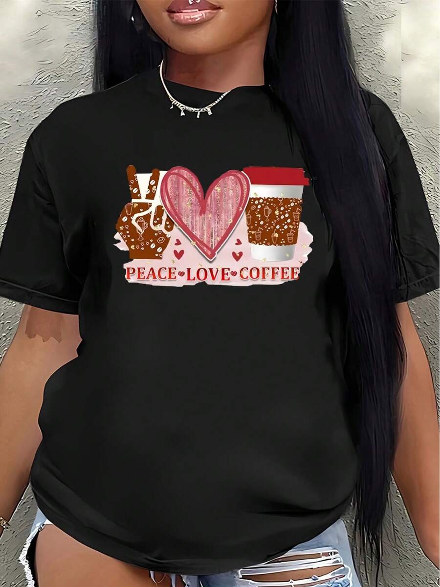 Camiseta de manga corta, ligera y duradera, con un diseño que celebra la paz, el amor y el café, es perfecta para los amantes del café en casa o en una cafetería, ofreciendo comodidad para el uso diario. - Negro - Ver 1