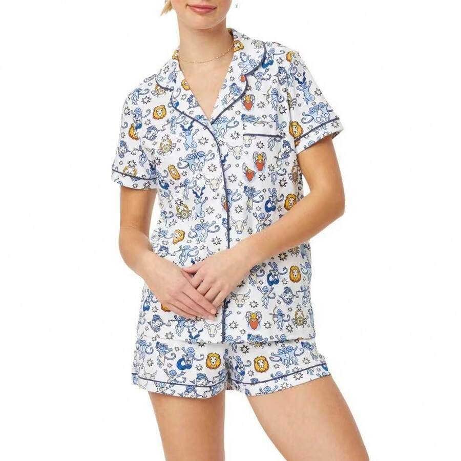 2-Pcs Women's Pajama Set Cute Bunny & Heart Print Notch Collar Short Sleeve Button-Down Top & Shorts Loose Comfy Skin-Friendly Cotton Loungewear Casual Home Dorm Wear Spring Summer New Arrival - 13-獅子頭猴子 - 查看 1