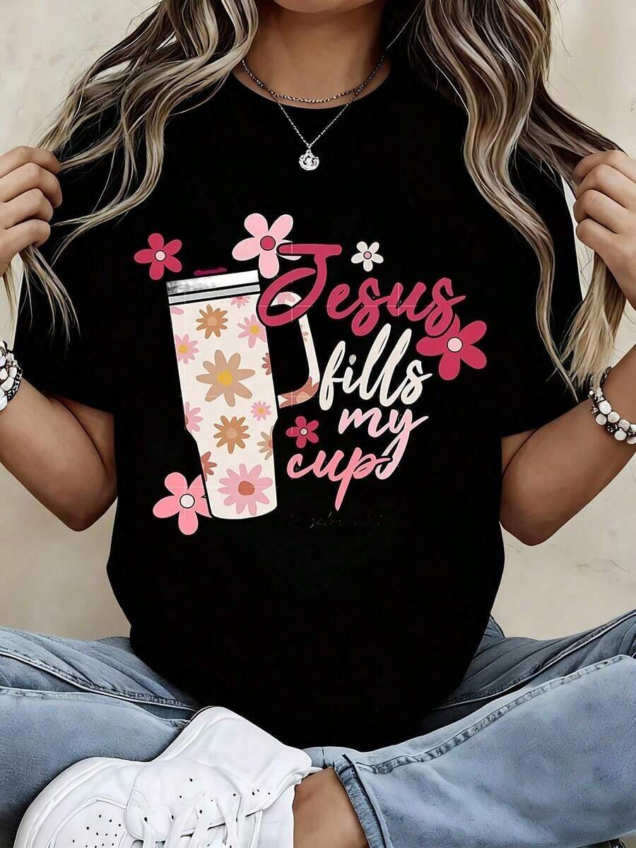 Floral Design T-Shirt "Jesus Fill My Cup" And Bible Verse Psalm 23:5 For Casual And Sporty Outfits - Unisex Vintage Urban Style, Short Sleeve T-Shirt Made Of 100% Cotton - 黑色 - 查看 1