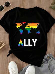 Camiseta con Estampado del Mapa del Mundo Arcoíris, Ropa Casual Deportiva para Actividades Cotidianas y Eventos de Orgullo - Estilo Urbano Vintage, Unisex, de Algodón, Manga Corta, Cuello Redondo, 100% Algodón - Negro - Ver 3