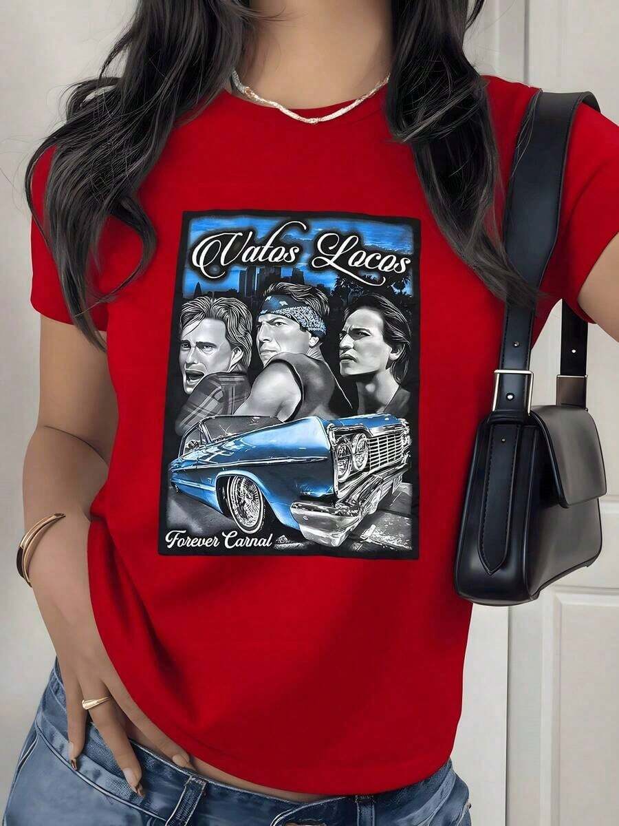 Vintage Lowrider Car Graphic Print T-Shirt, 180g, 1 Piece, Retro Urban Art, Women's Casual T-Shirt 100% Cotton, Urban Style - 紅色 - 查看 1